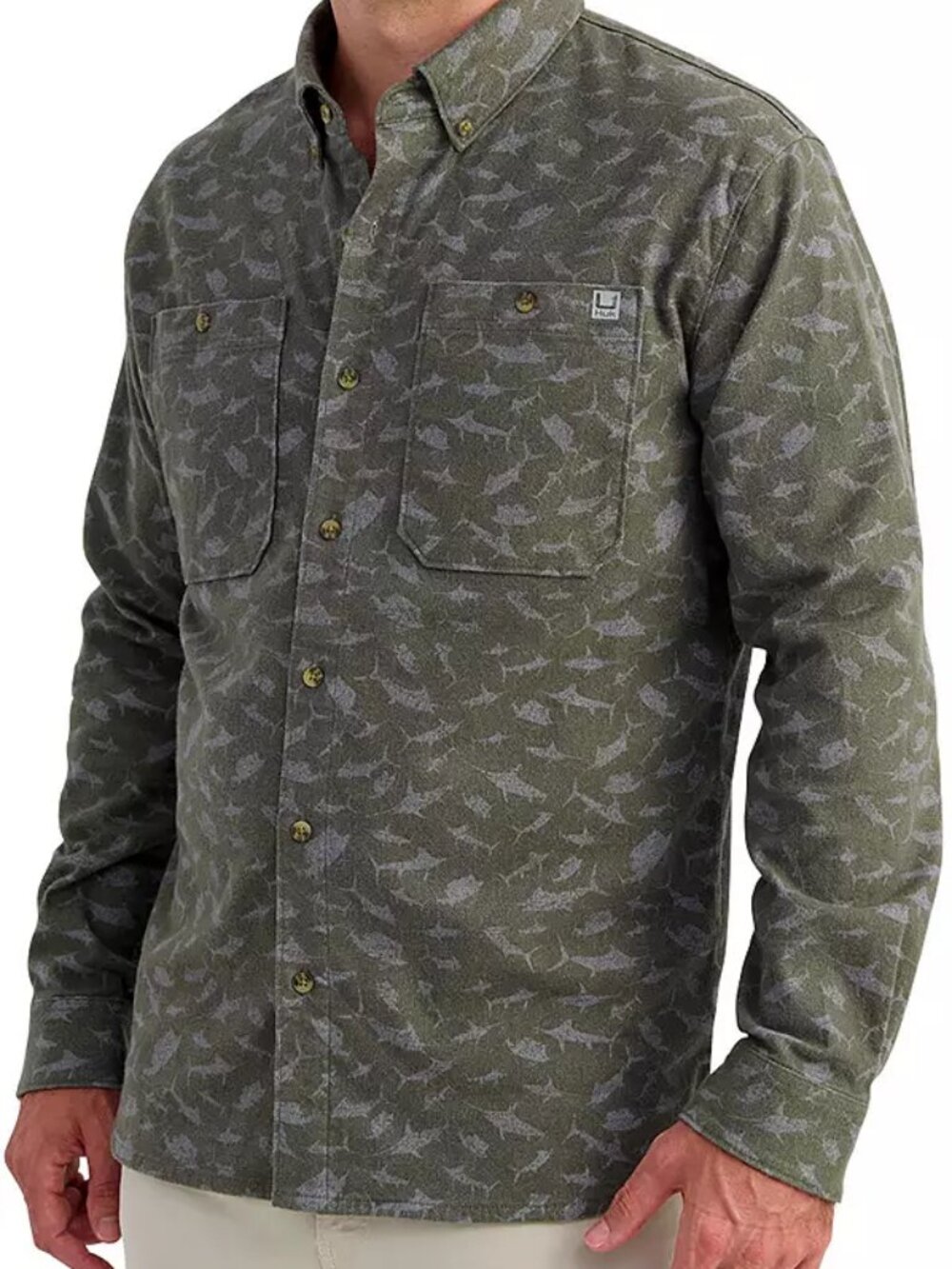 HUK Men's Chesapeake KC Printed Flannel Moss Gray NWT Size XL